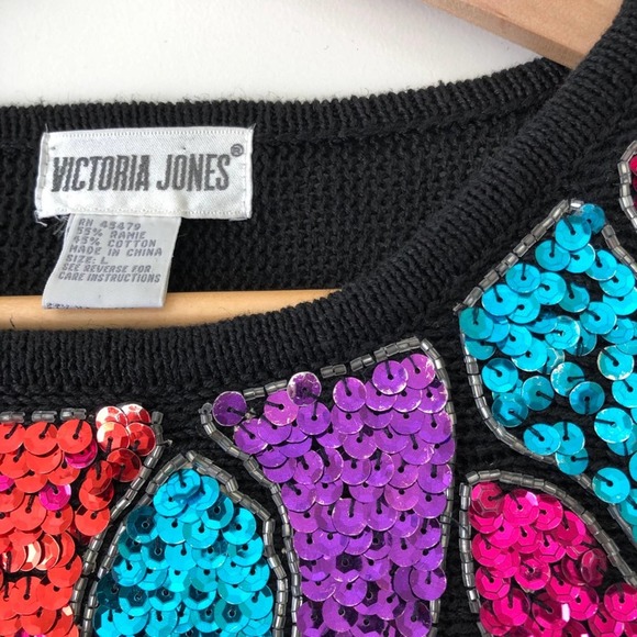 Vintage Rainbow Sequin Sweater Black Knit Bejeweled Feather Print Women's Large - Picture 2 of 6